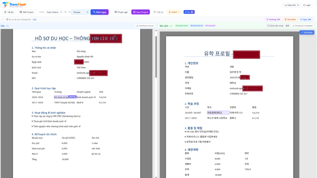 Giao diện dịch hồ sơ du học TransFlash